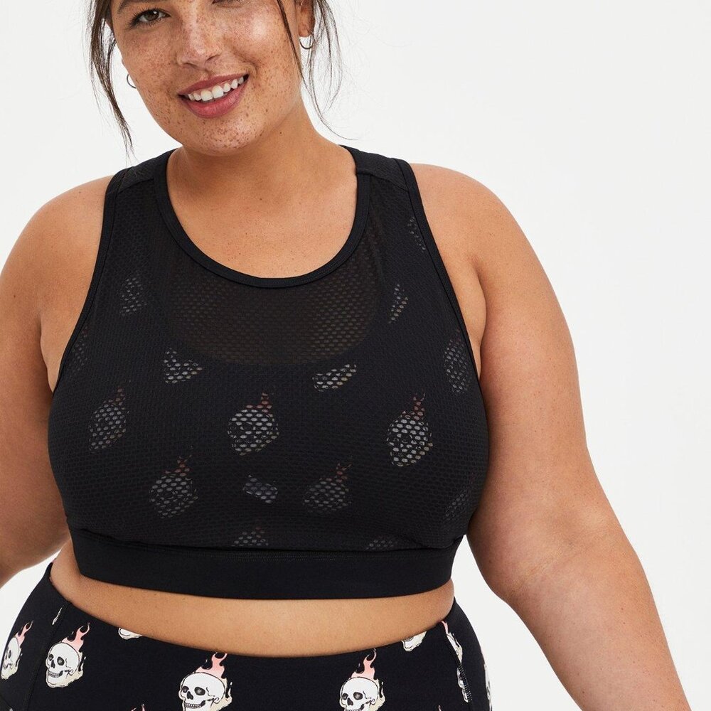 TORRID Low-Impact Wireless Mesh Overlay Active Sports Bra - Skull Black - Size 0